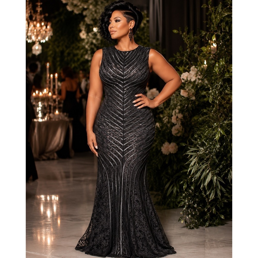 NEW Black Lace & Satin Gown Bodycon Mermaid Formal Long Dress witchy Large $240